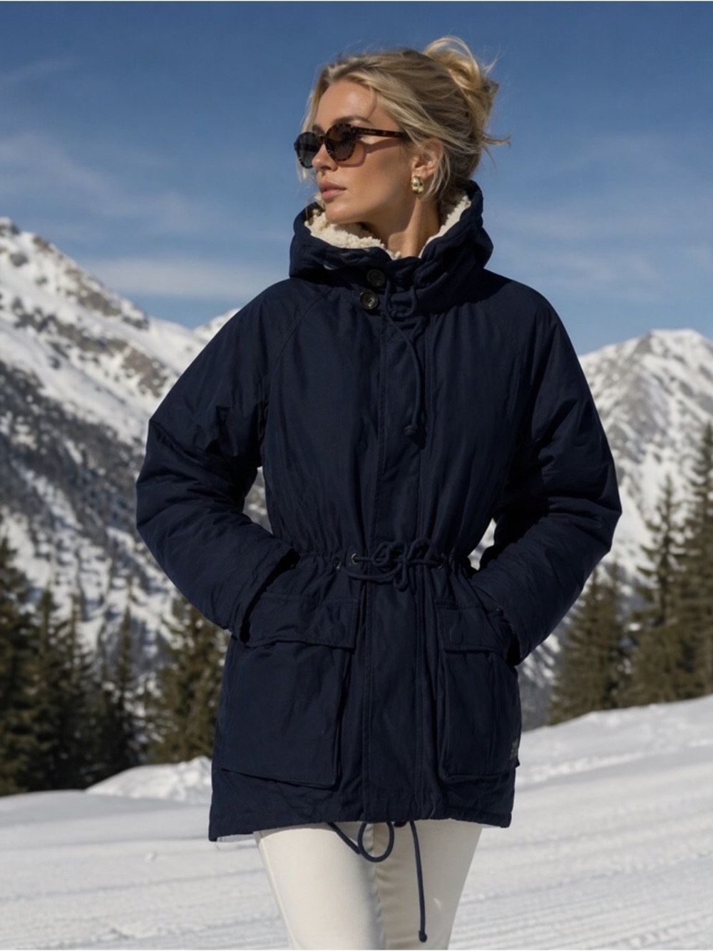 TNA Griffith Military Edition Parka Womens S Navy Blue Sherpa Lined Hooded Coat